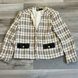 Zara Tweed Plaid Jacket w/ Faux Leather Pockets Frayed Edges size L
